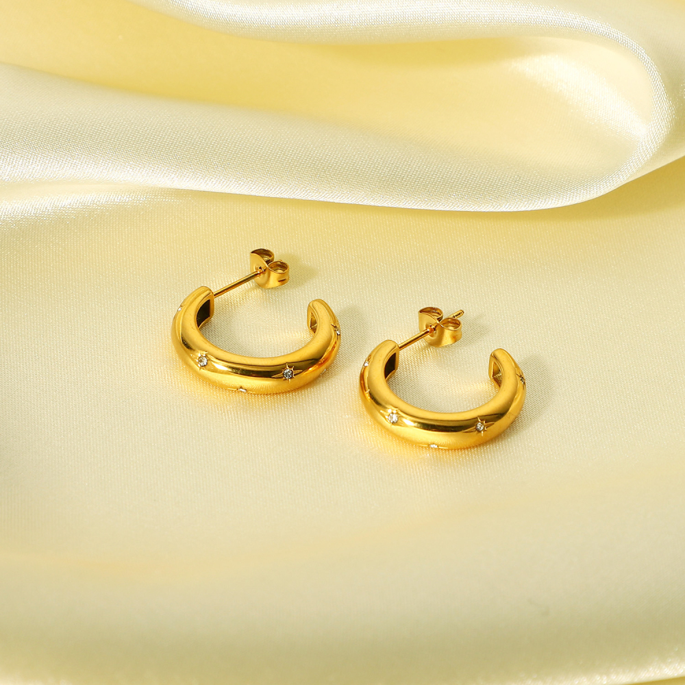 Trendy Jewelry Wholesale Exquisite Stainless Steel 18K Gold Plated Star Zircon C Shaped Hoop Earrings for Women