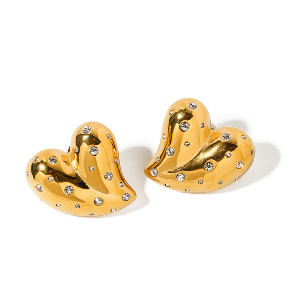 New Arrival 18K PVD Gold Plated Tarnish Free Jewelry Stainless Steel Chunky CZ Heart Stud Earrings for Women
