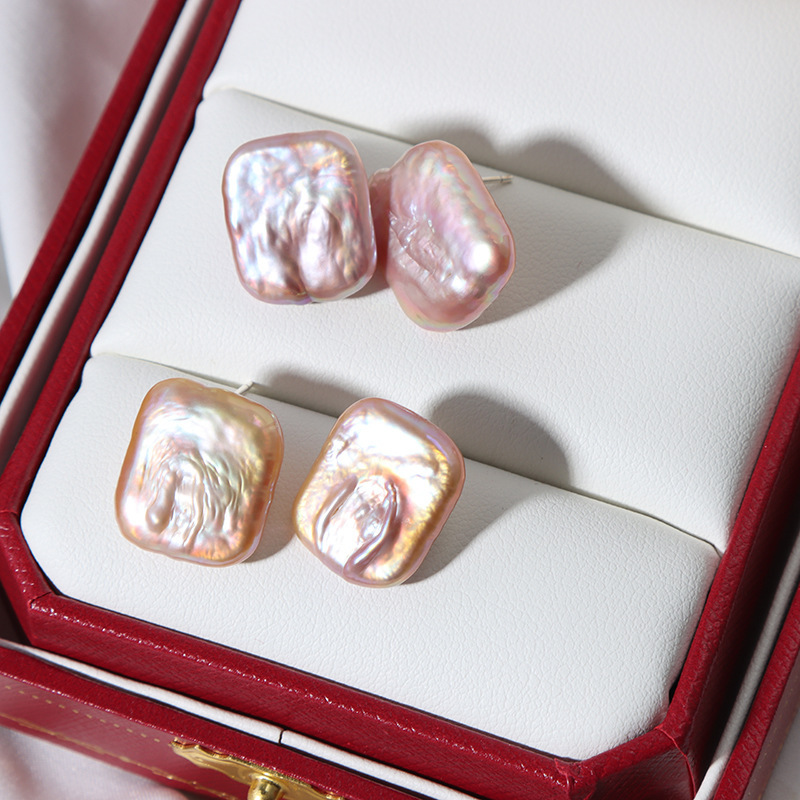 New Arrival Trendy 18k Gold Plated Square Shaped Natural Freshwater Baroque Pearl Stud Earrings