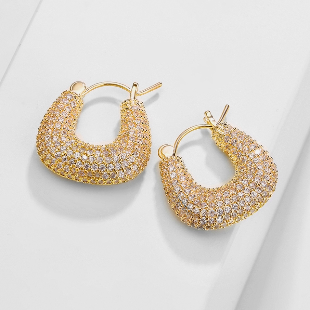 Wholesale Fashion Gold Plated U Shaped CZ Hoop Earrings Chunky Brass Trendy Zircon Earrings for Women's Party