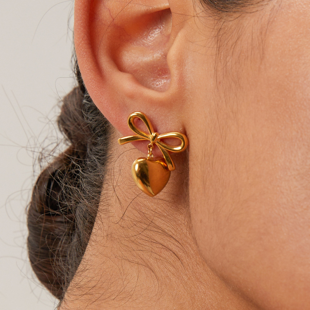 Fashion Jewelry 18K Gold Plated Tarnish Free & Water Resistant Stainless Steel Jewelry Cute Bow Heart Stud Earrings for Girls
