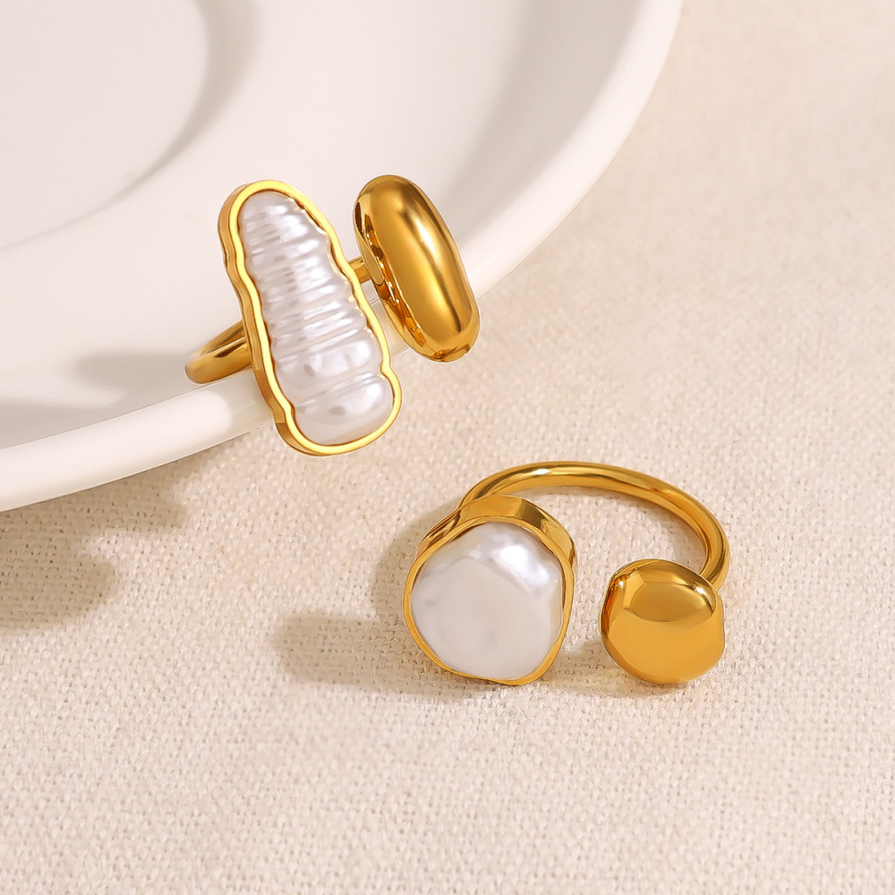 Ins Hot 18K Gold Plated Stainless Steel Irregular Pearl Ring for Women Tarnish Free Hypoallergenic Fashion Jewelry Rings Female