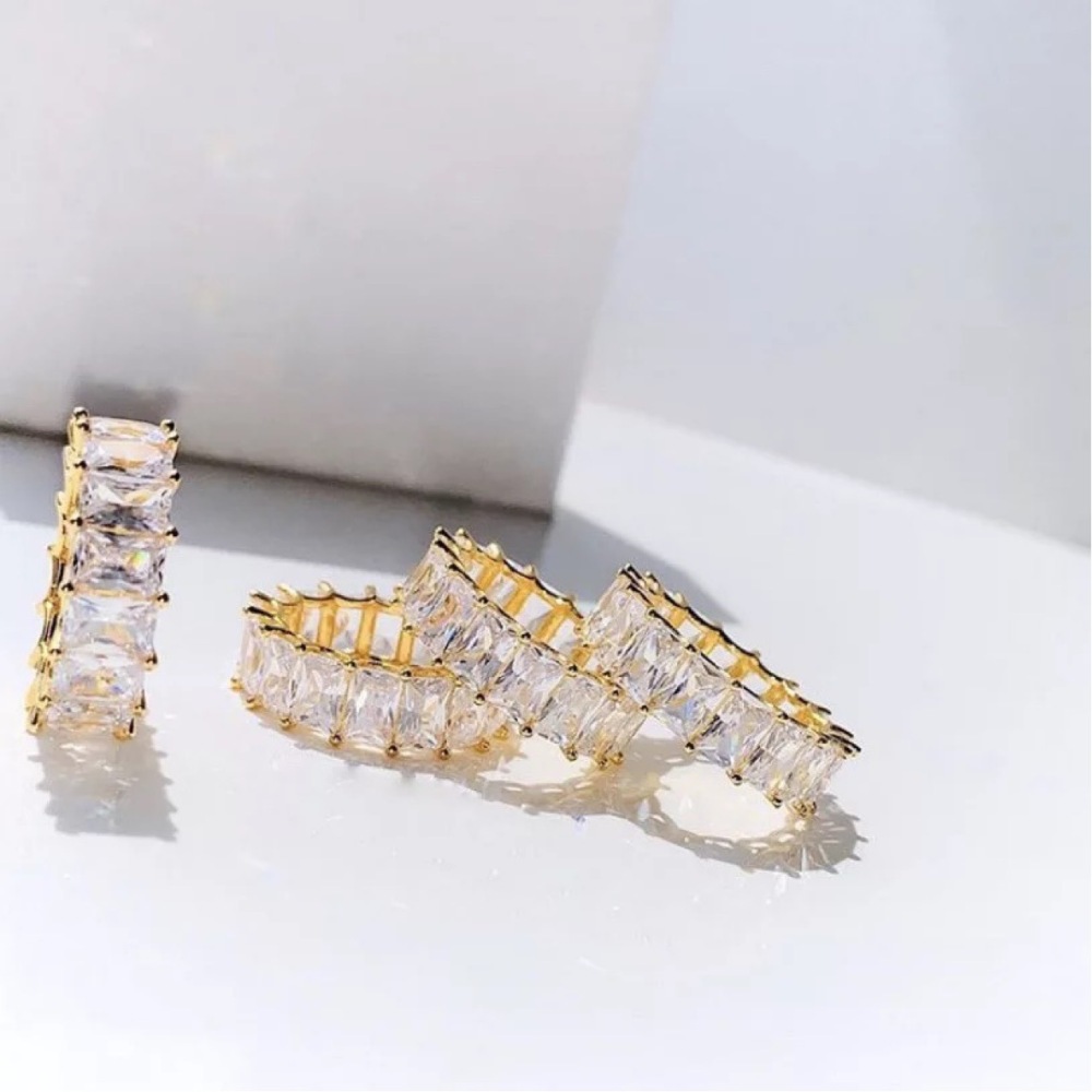 Trendy 18K Gold Plated Tarnish Free & Waterproof Stainless Steel Baguette Rectangle CZ Engagement Rings