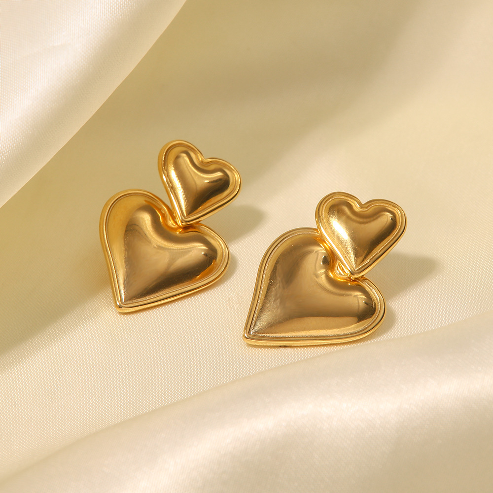 New Arrival Trendy Jewelry Minimalist Style Stainless Steel 18K Gold Plated Double Hearts Earrings for Women