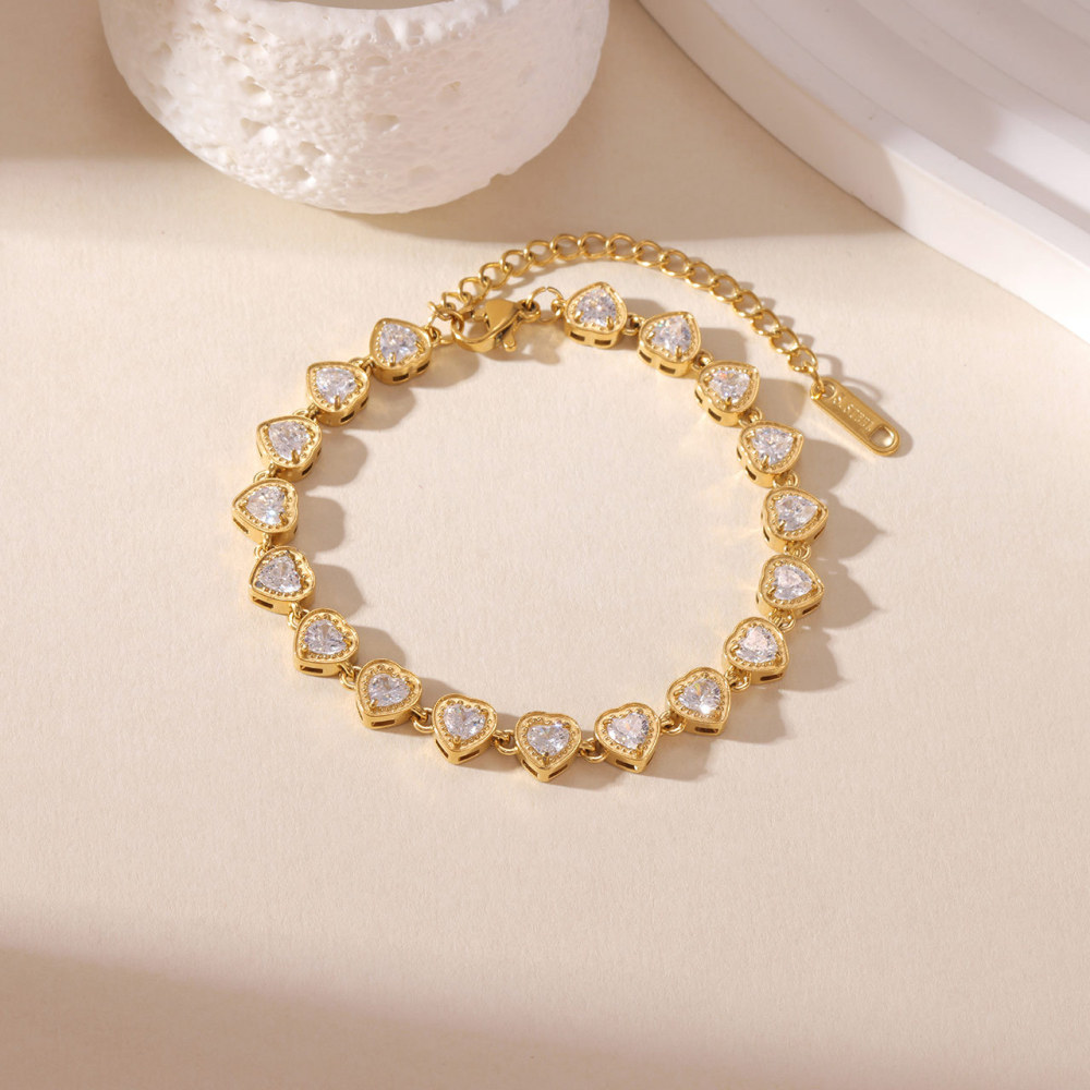 IVIAPRO Jewelry New Tarnish Free & Waterproof Stainless Steel 18K Gold Plated Sweet Heart Zircon Tennis Chain Bracelet for Women