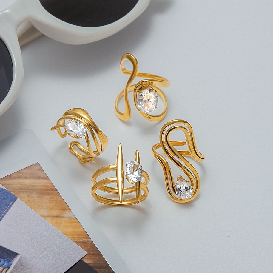 New Personalized 18k PVD Gold Plated Geometric Finger Rings Tarnish Free Stainless Steel Zircon Cluster Open Rings for Women