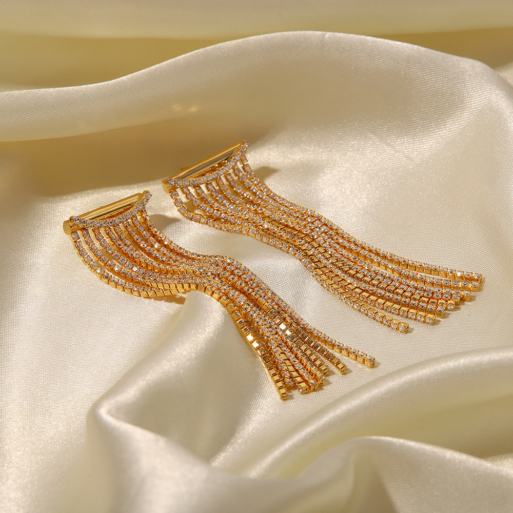 Fashion Jewelry Wholesale French Exclusive Stainless Steel 18K Gold Plated Zircon Dainty Long Tassel Earrings for Women