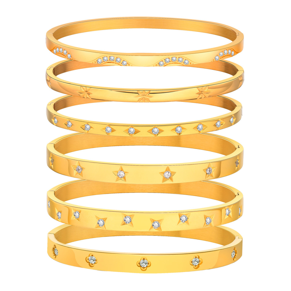 Trendy Elegant Sparkling 18k Gold Plated Stainless Steel 4mm 6mm Bangle Bracelet Cucic Zircon Star Clasp Bangles for Parties
