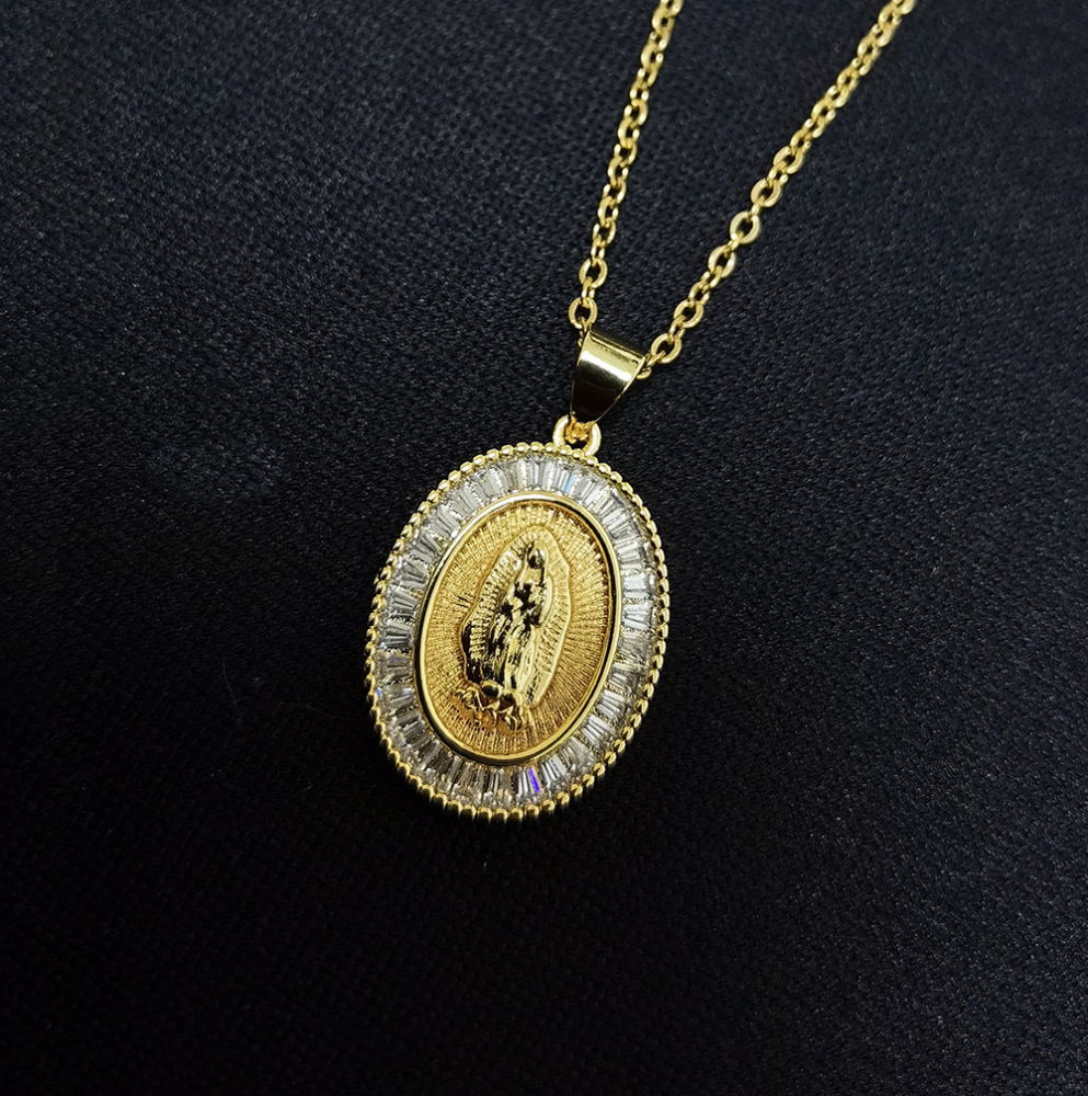 IVIAPRO Fashion Religion Jewelry 18K Gold Plated Cubic Zircon Virgin Mary Pendant Necklace for Women and Men