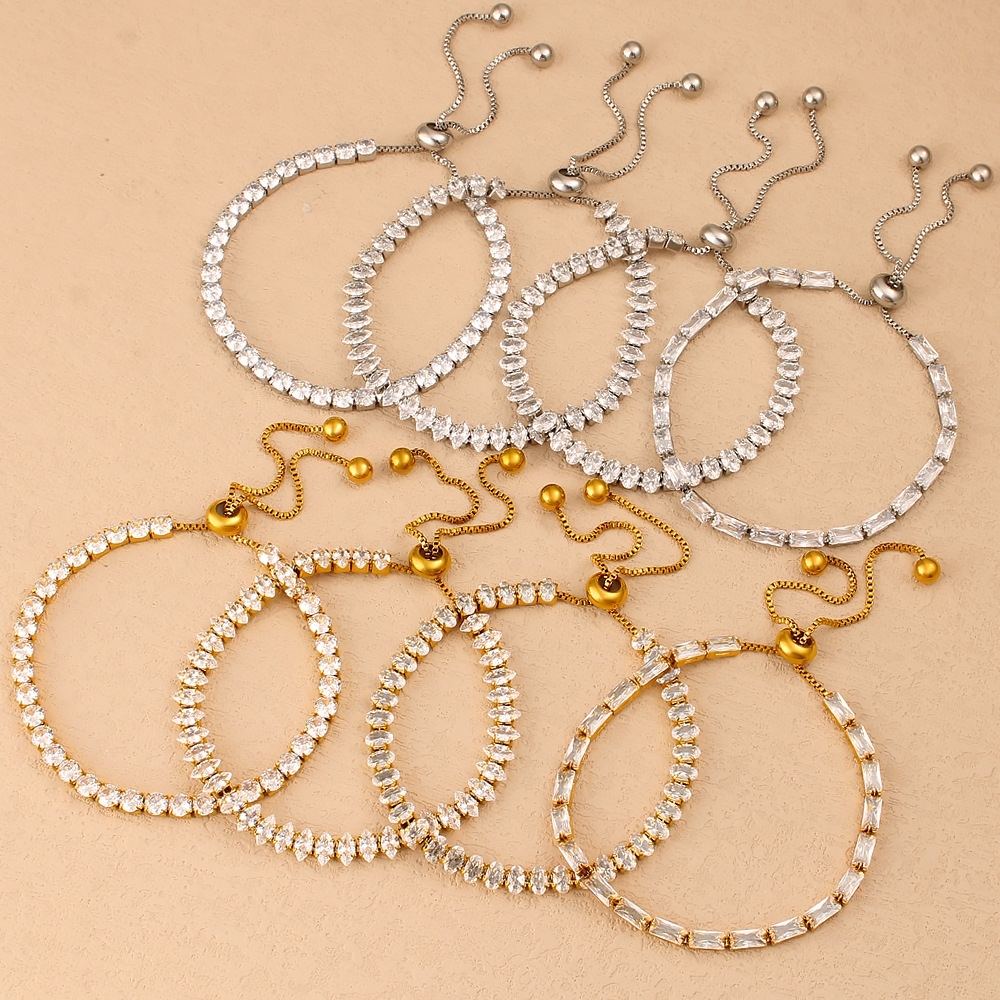 New 18K Gold Plated Non-Tarnish Jewelry Shining Cubic Zircon Adjustable Stainless Steel Tennis Chain Bracelets for Women Party