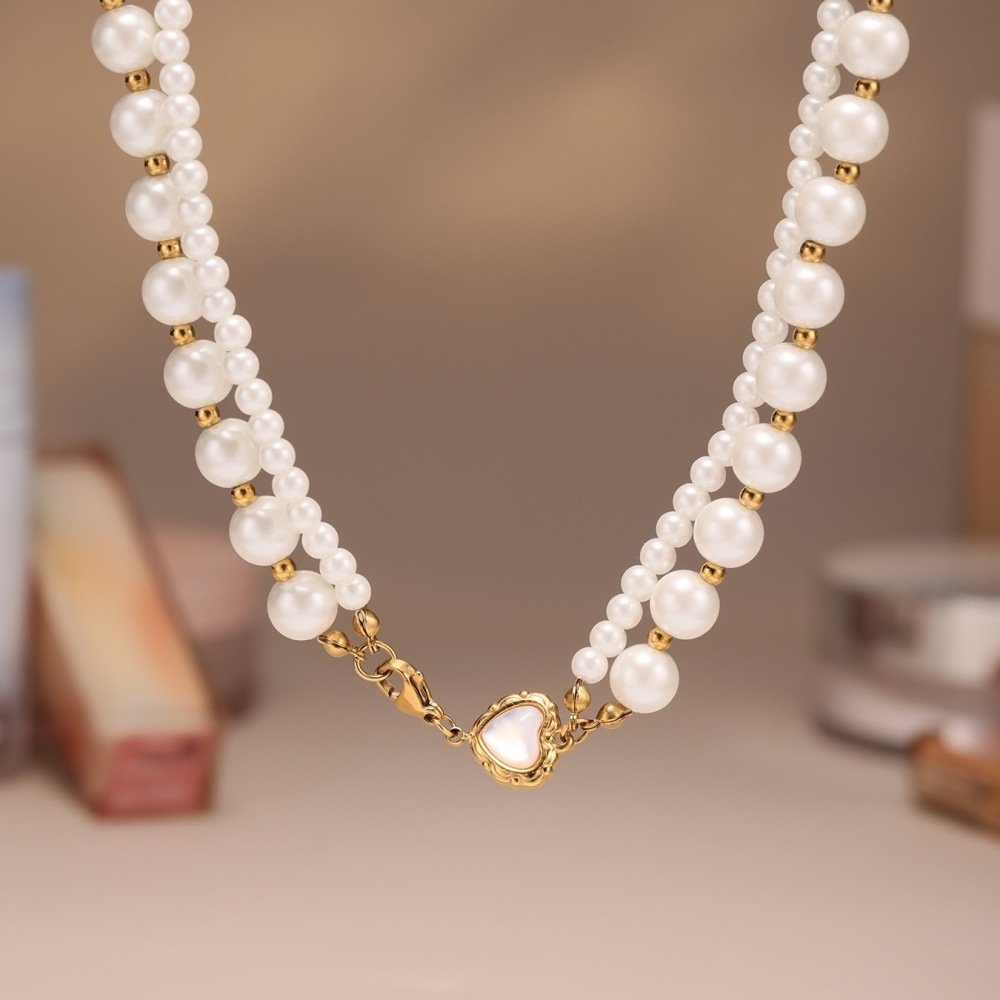 New Fashion Jewelry 18k Gold Plated Shell Pearl Necklace Stainless Steel Heart Clasp Double Layers Beaded Necklaces for Women