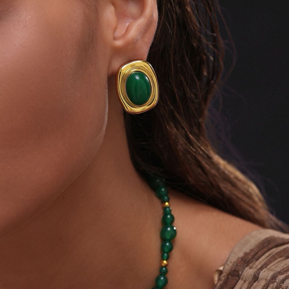 New Fashion Jewelry Wholesale 18K Gold Plated Non-tarnish Stainless Steel Retro Tiger Eye Emerald Stone Stud Earrings for Women