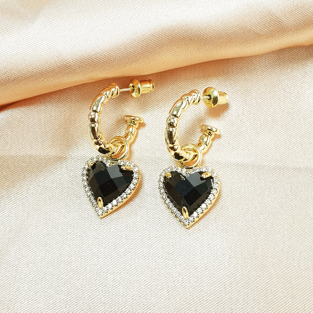 IVIAPRO New Arrival Fashion Jewelry 18K Gold Plated Black Agate Heart Pendant Hoop Earrings for Women