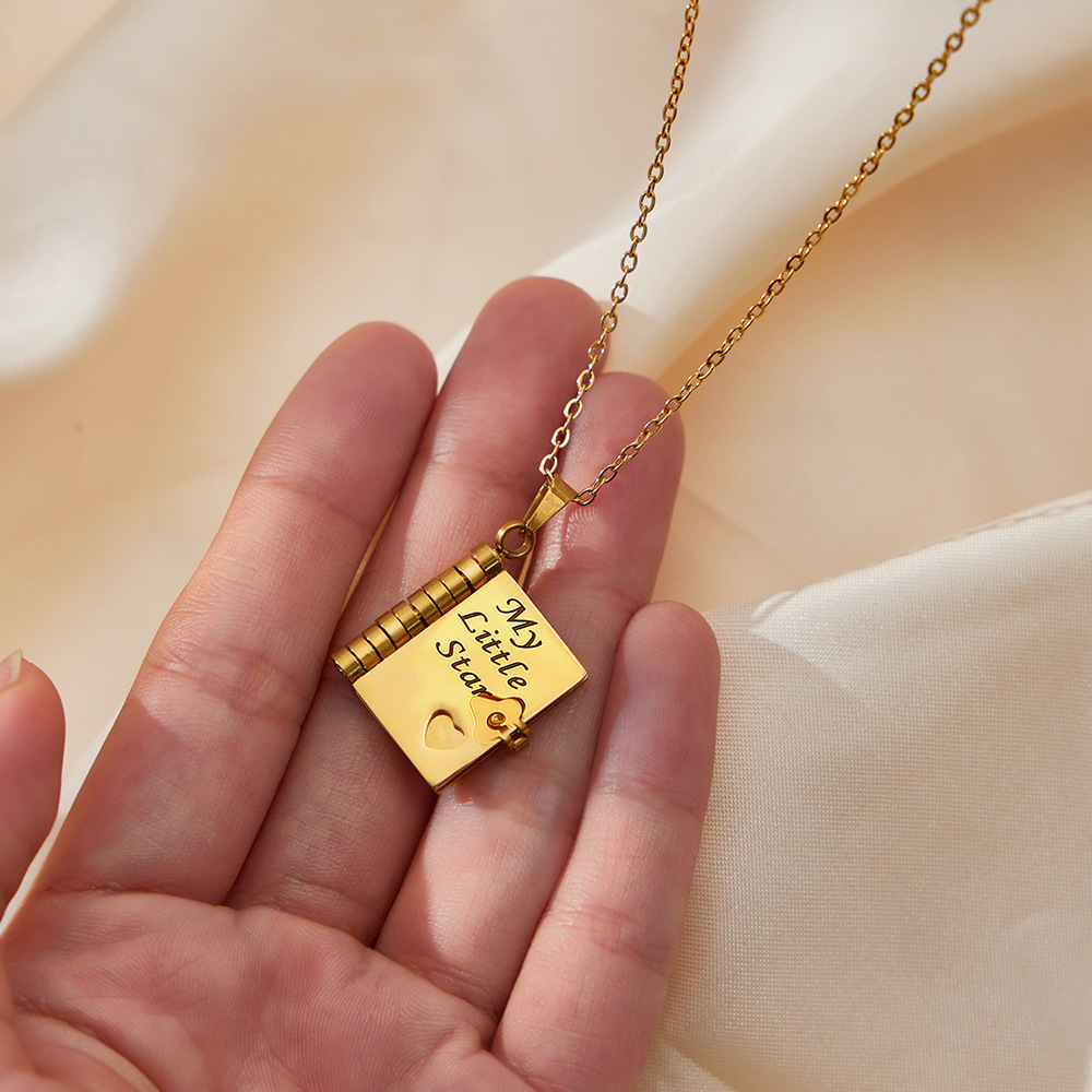 New Design Hot Seller Stainless Steel Non-tarnish Letters Customized Engraving Book Shaped Pendant Necklace for Gift