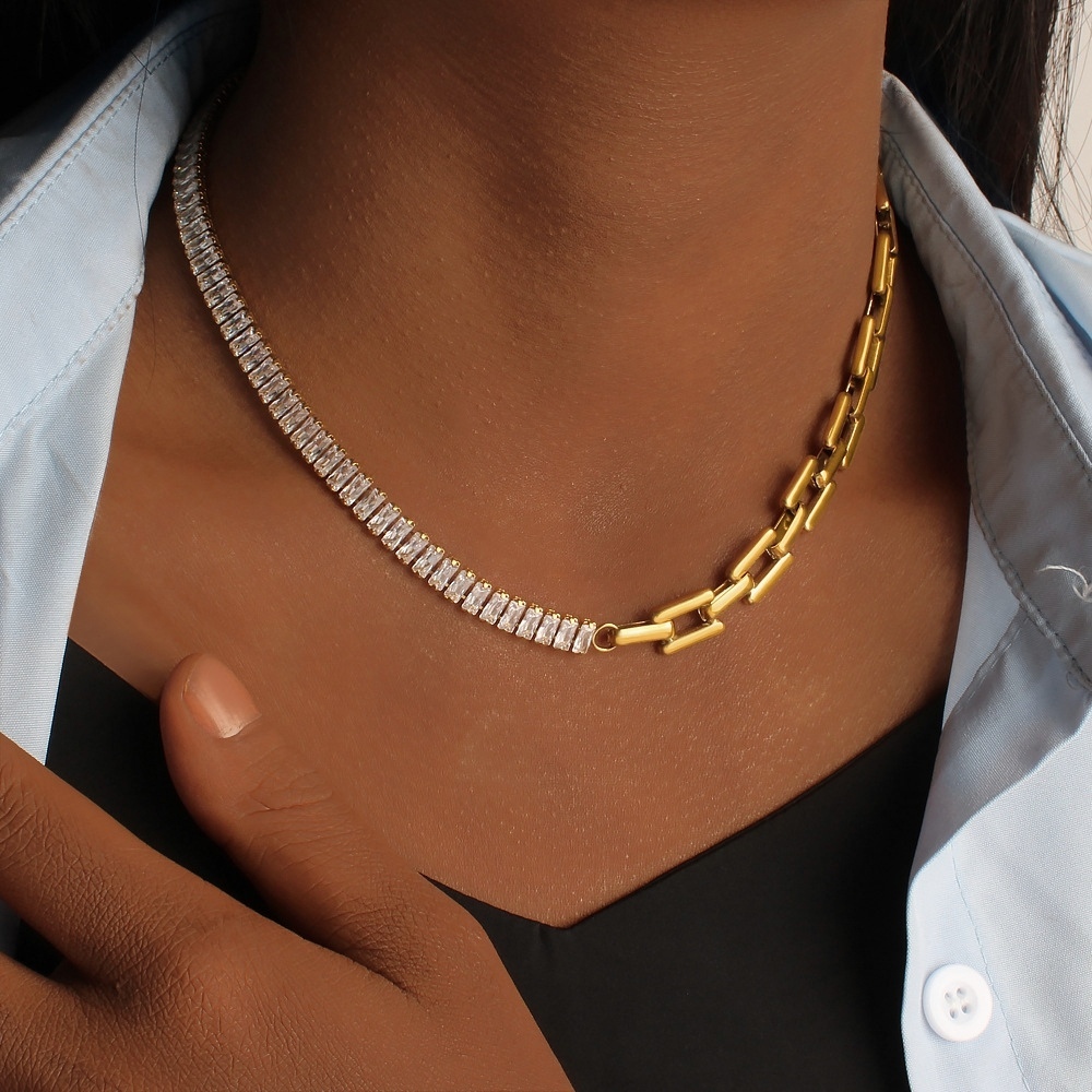 IVIAPRO 18K Gold Plated Link Chain Baguette Zircon Necklace