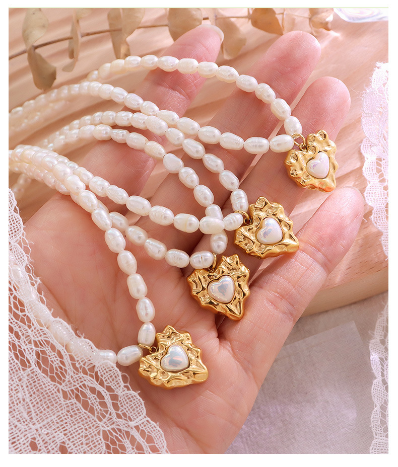 Fashion Jewelry 18K Gold Plated Stainless Steel Tarnish Free Heart Shape Earrings Pendant Pearl Necklace Jewelry Set