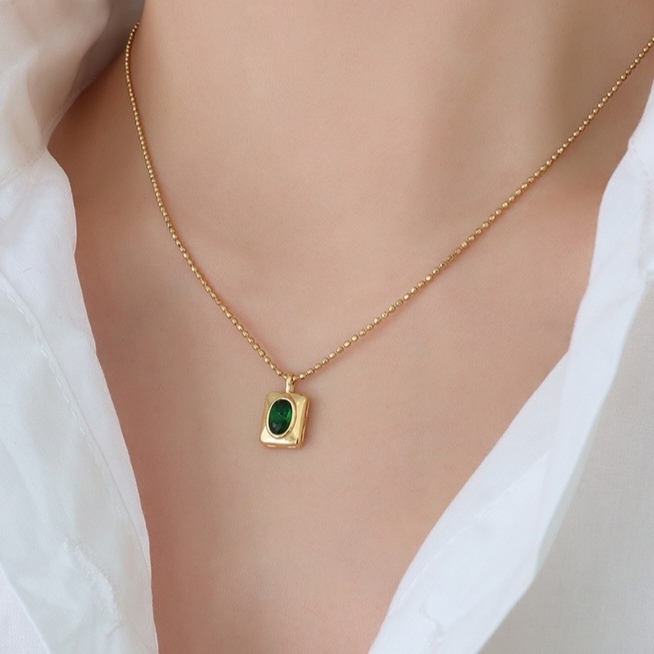 Tiny Green Stone Square Pendant Necklace