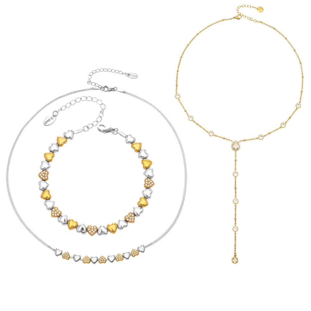 New Design Tarnish Free Stainless Steel Jewelry Set Two Tone Heart Beads Bracelet Snake chain Choker Y-Shape Necklace for Women