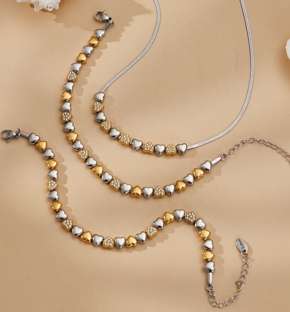 New Design Tarnish Free Stainless Steel Jewelry Set Two Tone Heart Beads Bracelet Snake chain Choker Y-Shape Necklace for Women