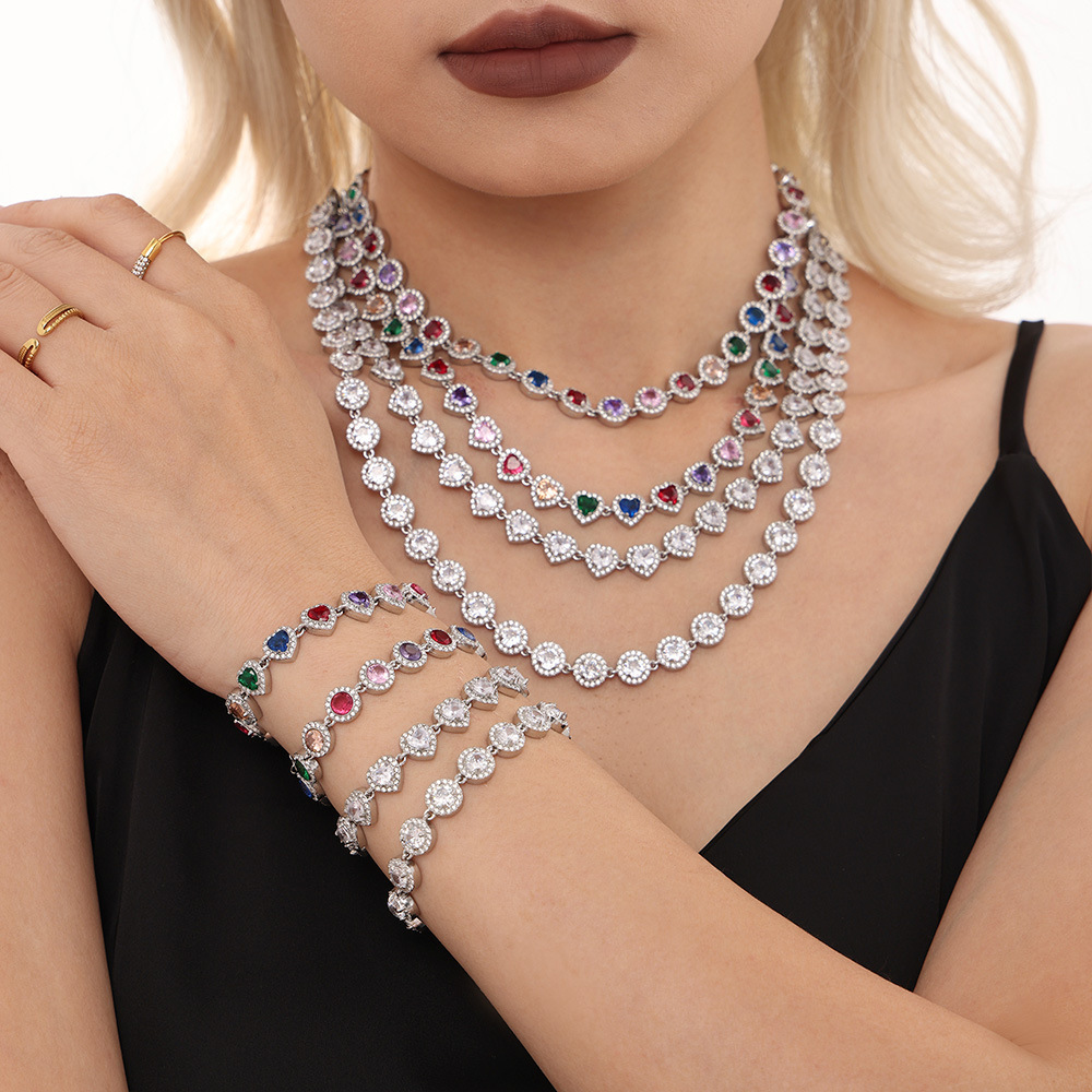 IVIAPRO Elegant Shining Heart CZ Colorful Cubic Zircon Tennis Chain Bracelets Necklaces Stainless Steel Tarnish Free Jewelry