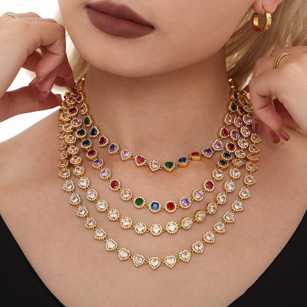 IVIAPRO Elegant Shining Heart CZ Colorful Cubic Zircon Tennis Chain Bracelets Necklaces Stainless Steel Tarnish Free Jewelry