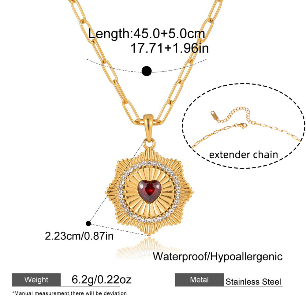IVIAPRO Valentine's Day Gift Red Heart-shaped Zircon Sun Pendant Necklace