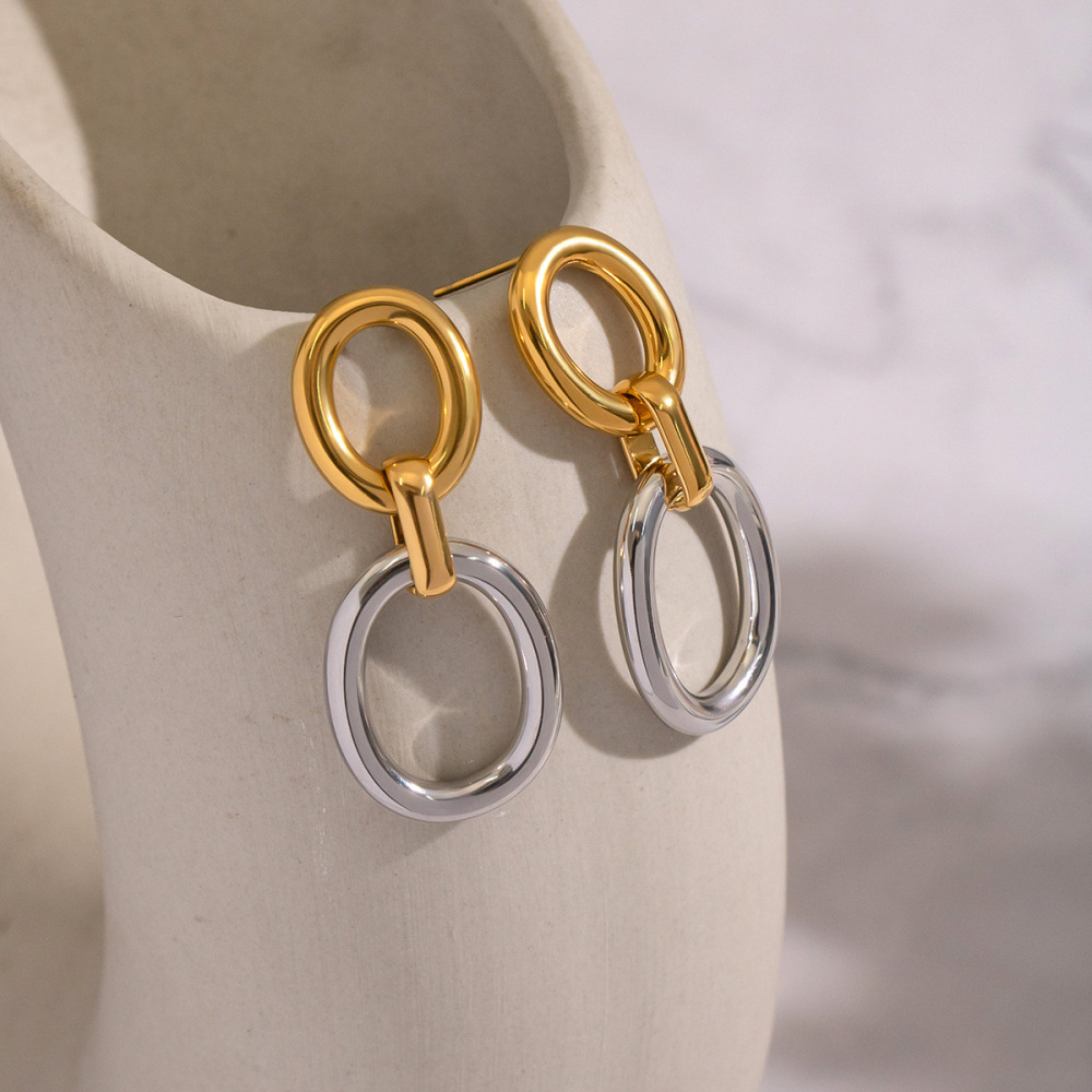 Two Tone Color Double Oval Hollow Connecting Stud Earrings