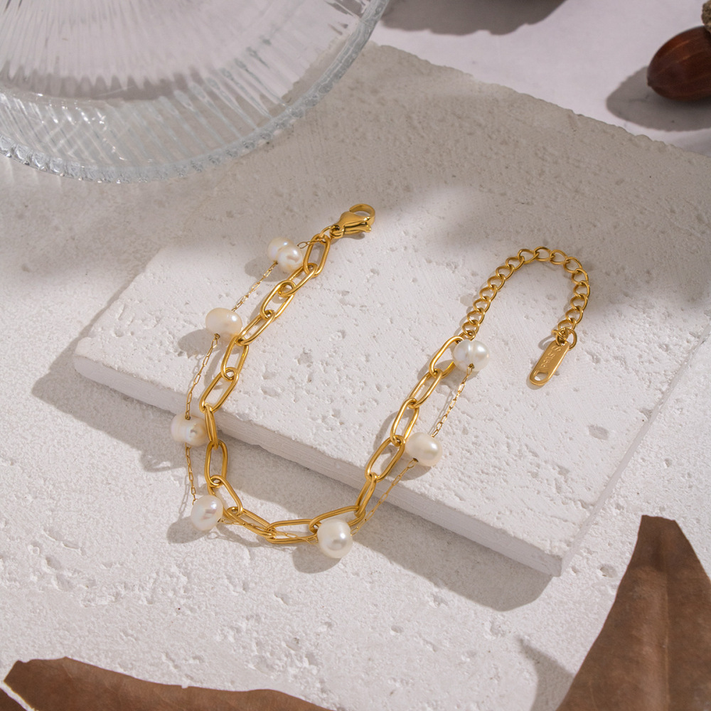IVIAPRO Two Layers Natural Freshwater Pearl Link Chain Bracelets
