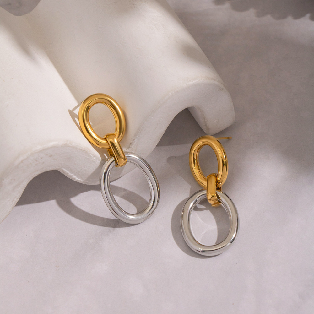 Two Tone Color Double Oval Hollow Connecting Stud Earrings