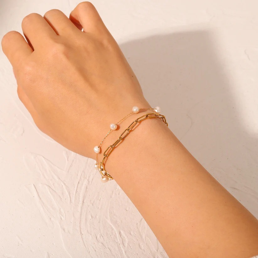 IVIAPRO Two Layers Natural Freshwater Pearl Link Chain Bracelets