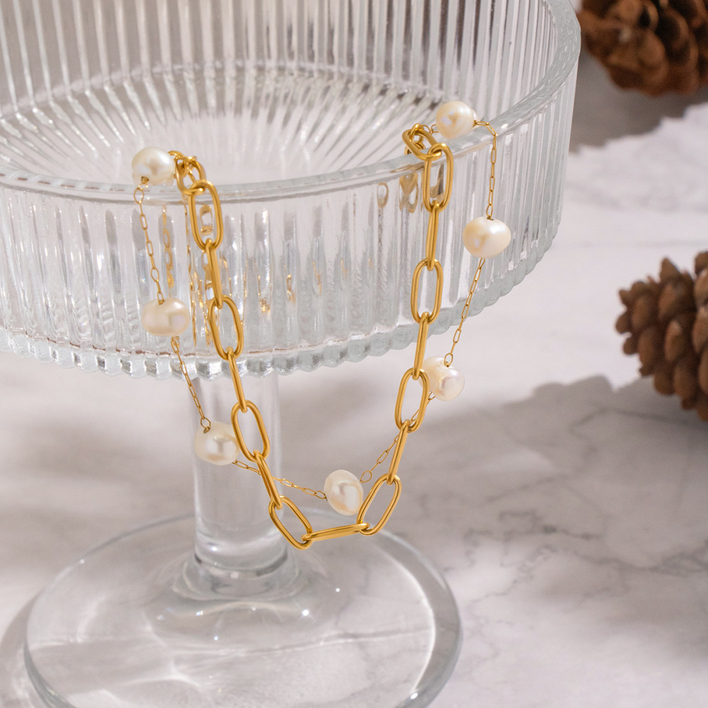 IVIAPRO Two Layers Natural Freshwater Pearl Link Chain Bracelets