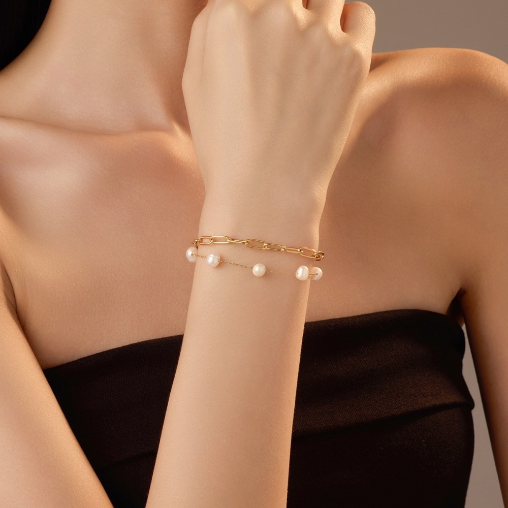 IVIAPRO Two Layers Natural Freshwater Pearl Link Chain Bracelets