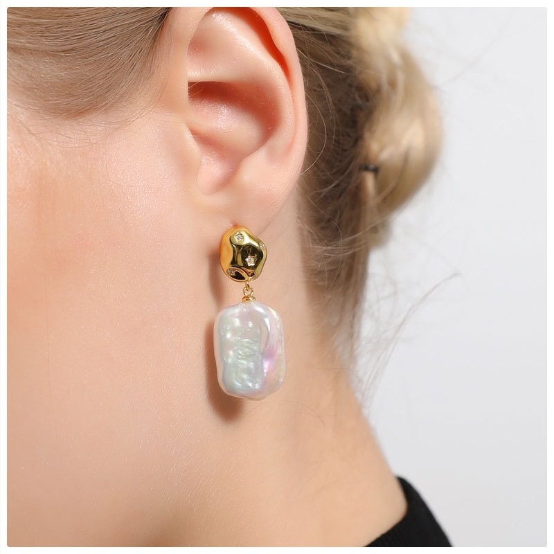 IVIAPRO 925 Sterling Silver Natural Rectangle Shaped Baroque Pearl Drop Earrings