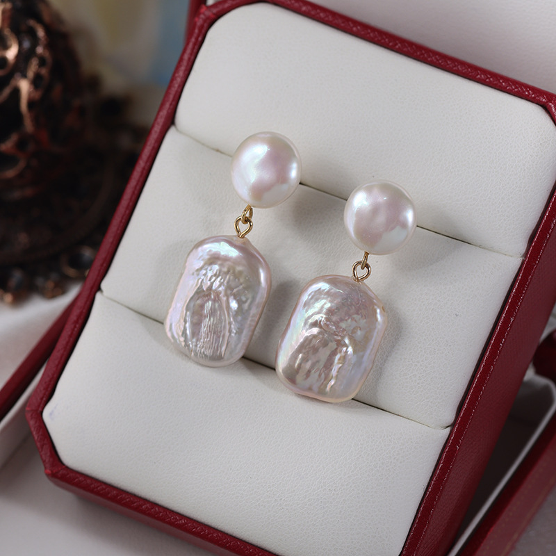 Natural Freshwater Rectangle Shaped Baroque Pearl Drop Earrings