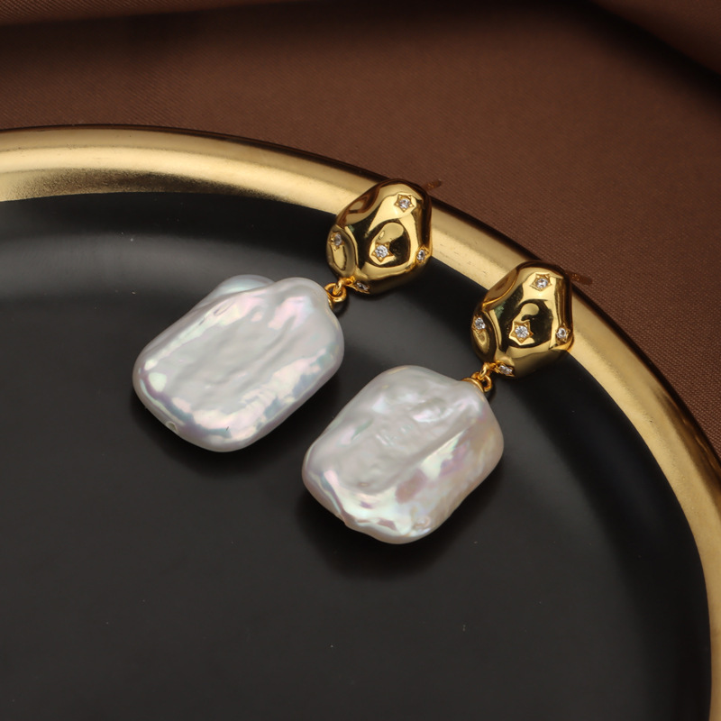 IVIAPRO 925 Sterling Silver Natural Rectangle Shaped Baroque Pearl Drop Earrings