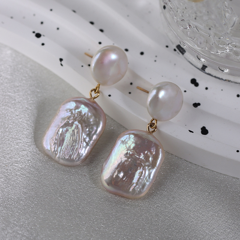 Natural Freshwater Rectangle Shaped Baroque Pearl Drop Earrings