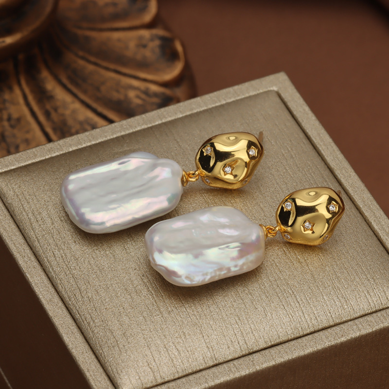 IVIAPRO 925 Sterling Silver Natural Rectangle Shaped Baroque Pearl Drop Earrings
