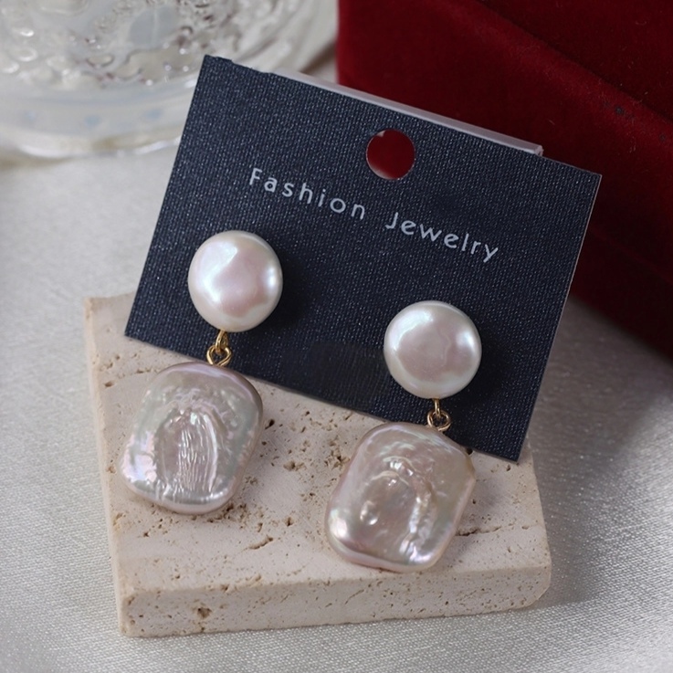 Natural Freshwater Rectangle Shaped Baroque Pearl Drop Earrings