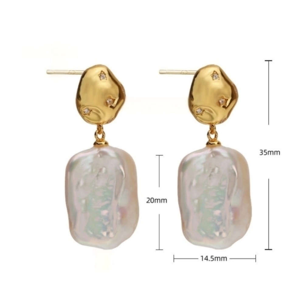 IVIAPRO 925 Sterling Silver Natural Rectangle Shaped Baroque Pearl Drop Earrings