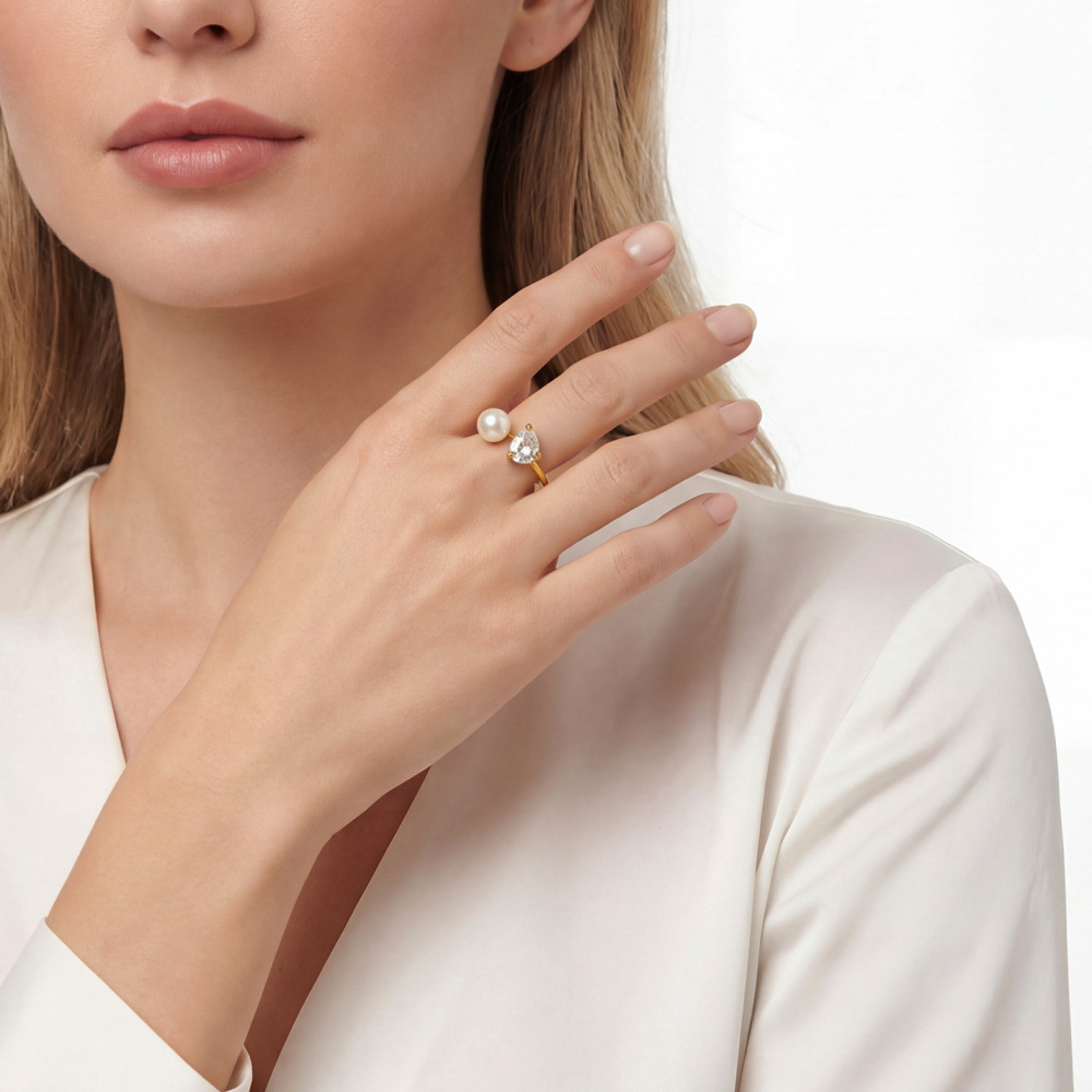 IVIAPRO Non-tarnish Water Drop Zircon and Pearl Ring