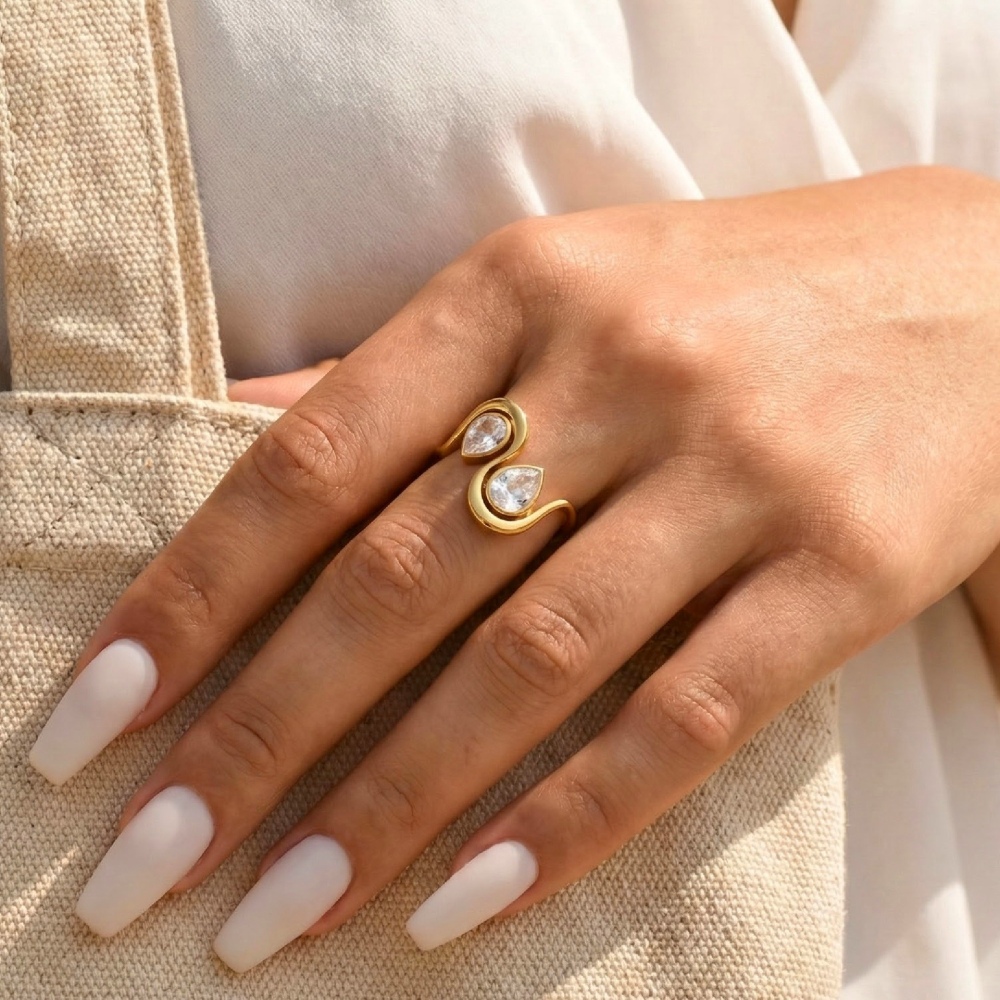 IVIAPRO Non-tarnish Double Water Drop Zircon Ring