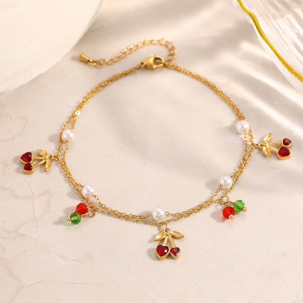 IVIAPRO Two Layers Cherry Charms Anklet