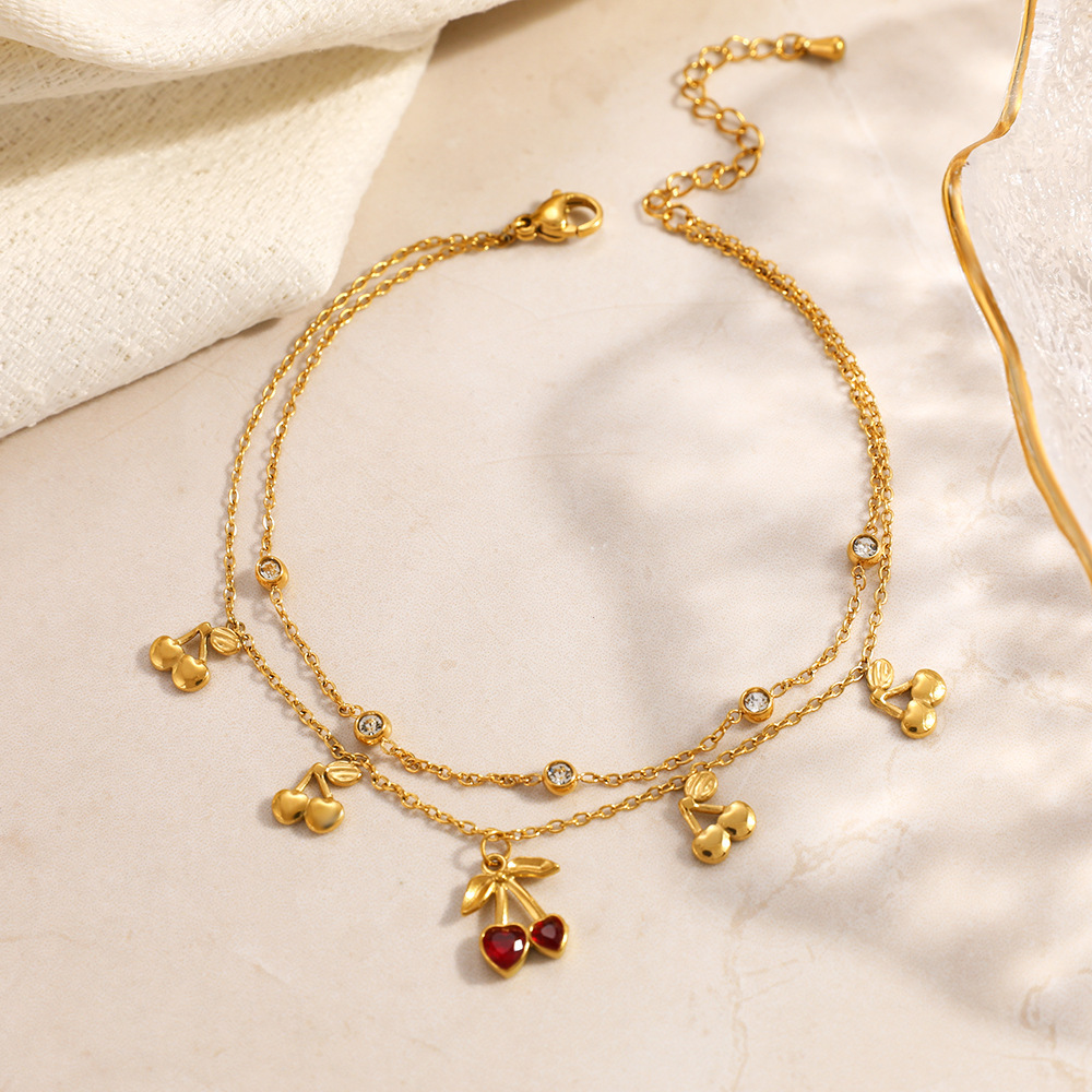 IVIAPRO Two Layers CZ Cherry Charms Anklet