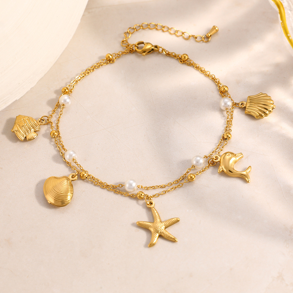 IVIAPRO Two Layers Pearl Ocean Series Charms Anklet