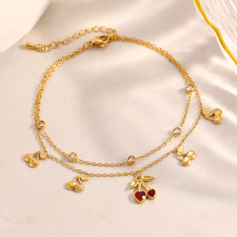 IVIAPRO Two Layers CZ Cherry Charms Anklet