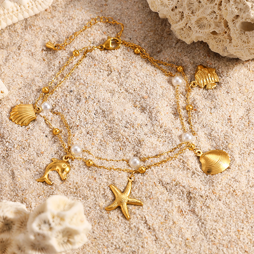 IVIAPRO Two Layers Pearl Ocean Series Charms Anklet