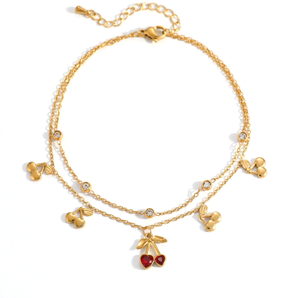IVIAPRO Two Layers CZ Cherry Charms Anklet