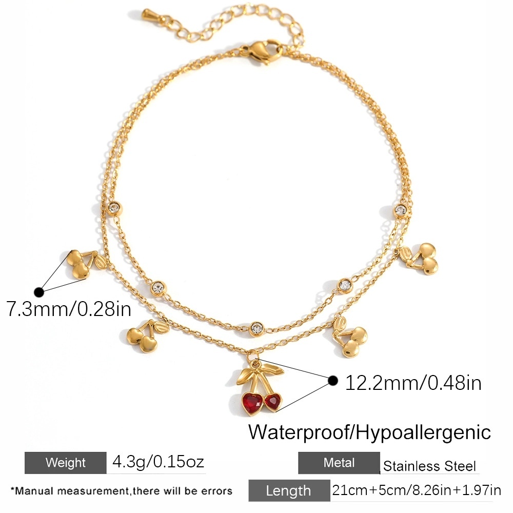IVIAPRO Two Layers CZ Cherry Charms Anklet