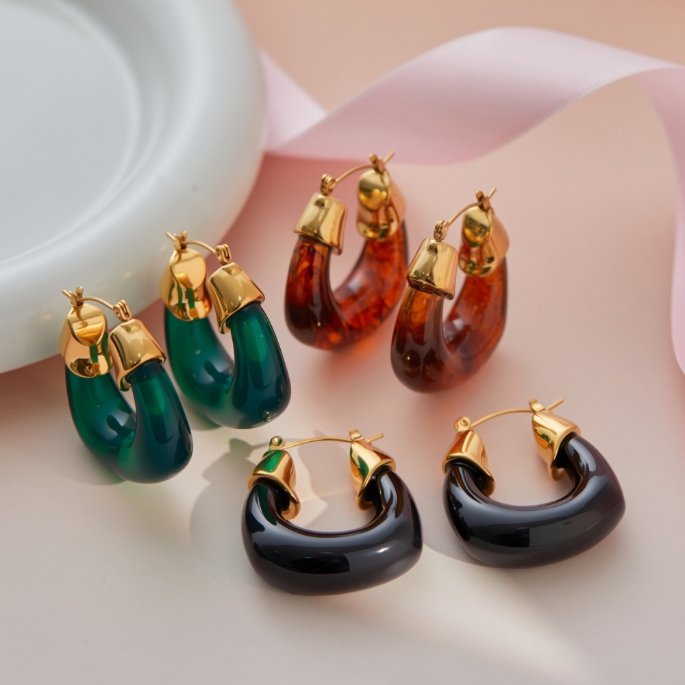 Green Amber Resin U-shaped Hoop Earrings
