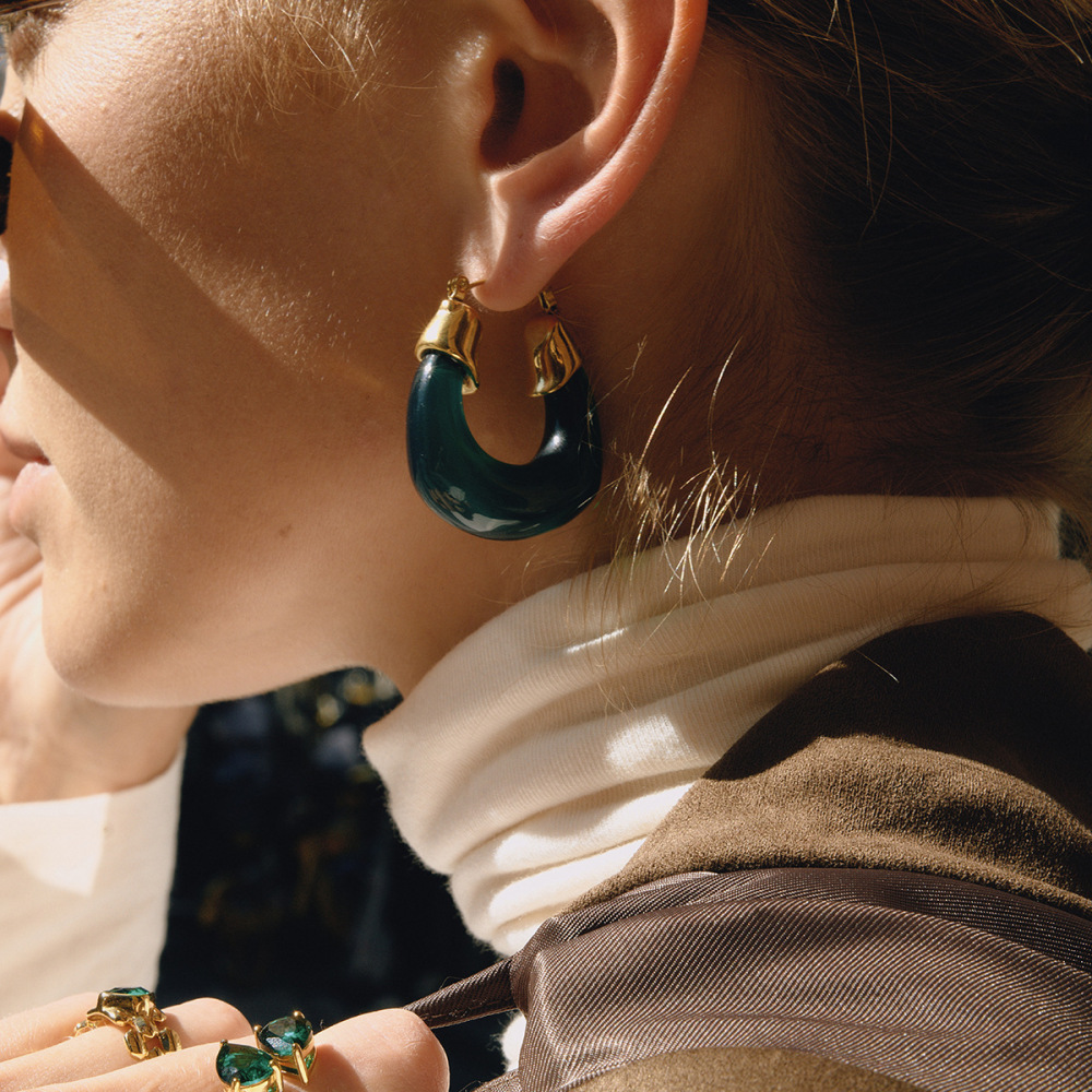Green Amber Resin U-shaped Hoop Earrings